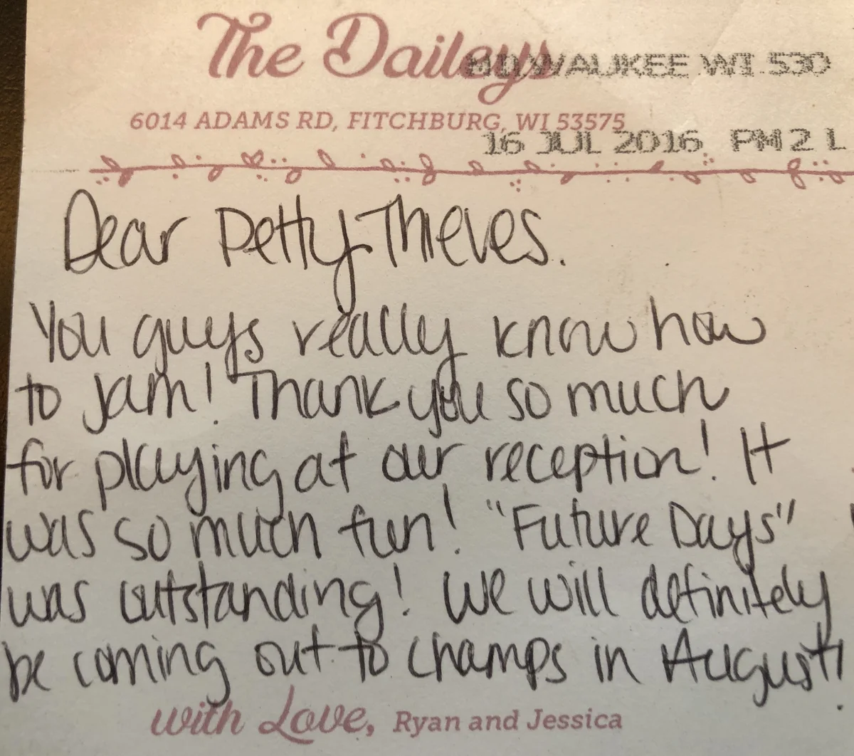 Ryan and Jessica's handwritten note: You guys really know how to jam