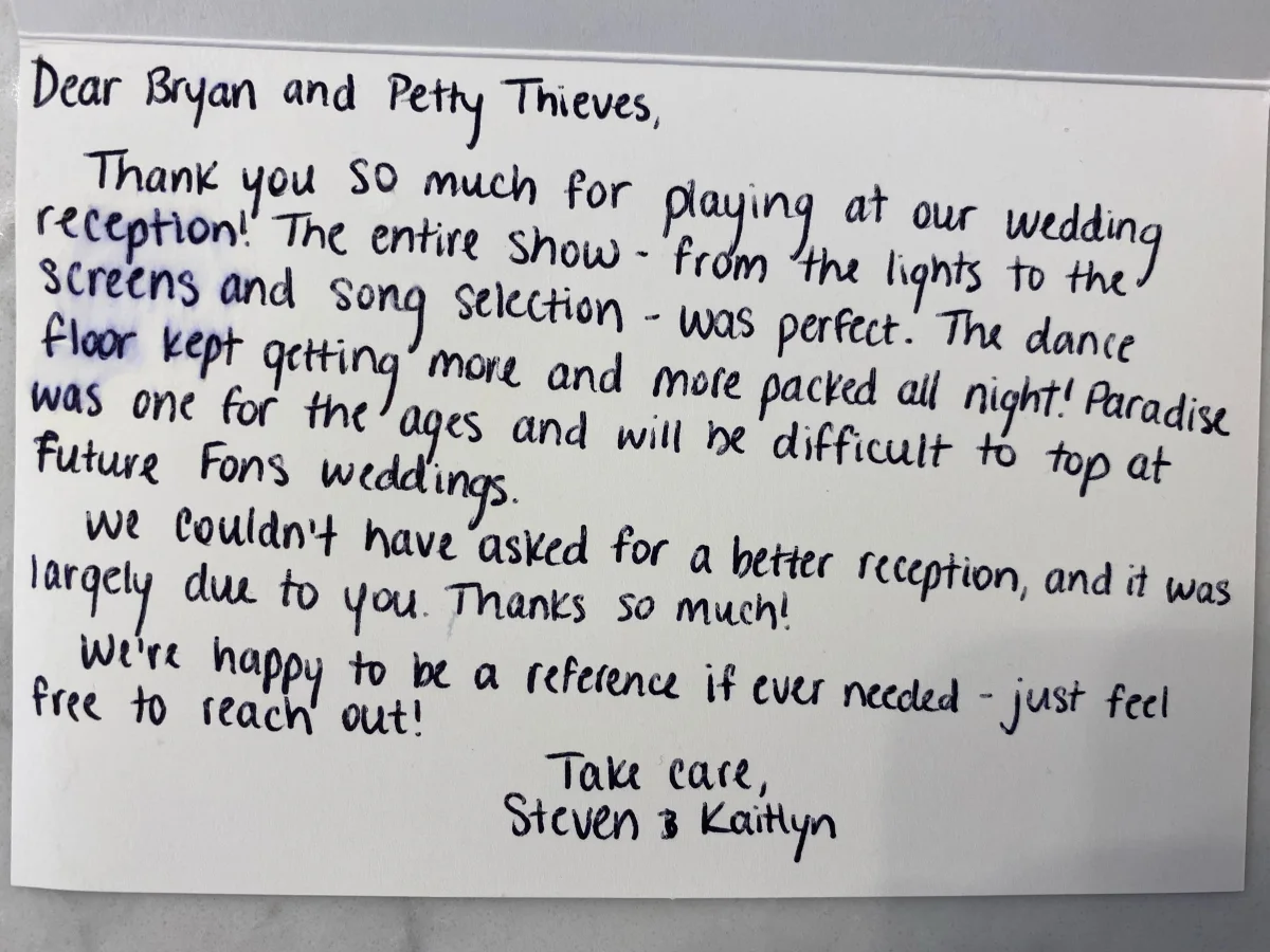 Steven and Kaitlyn's handwritten thank-you note to Bryan and Petty Thieves